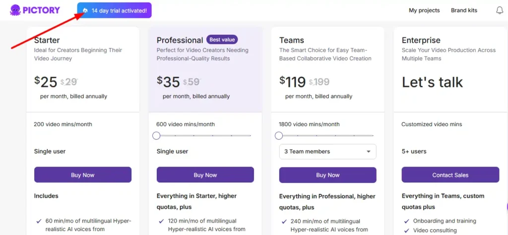 Pictory Pricing Plans