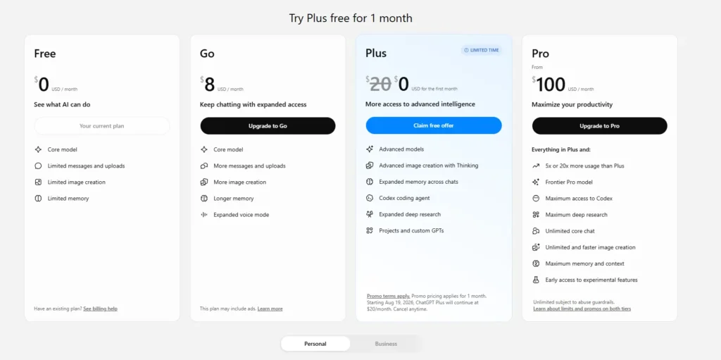ChatGPT Pricing Plans (Free, Go, Plus, Pro)