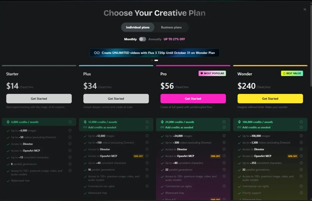 OpenArt Pricing During the Halloween Promo: Starter, Plus, Pro and Wonder Compared